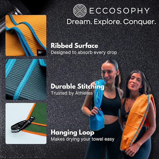 ECCOSOPHY Microfiber Beach Towel – Quick Dry Gym Towel, Highly Absorbent with Ribbed Texture, Lightweight – Ideal for Travel, Pool, Yoga, Fitness & Outdoor Adventures – 71x35 Creamsicle