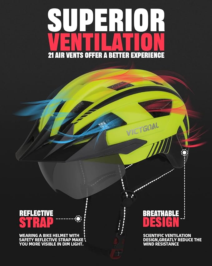VICTGOAL Bike Helmet for Men Women with Led Light Detachable Magnetic Goggles Removable Sun Visor Mountain & Road Bicycle Helmets Adjustable Size Adult Cycling Helmets