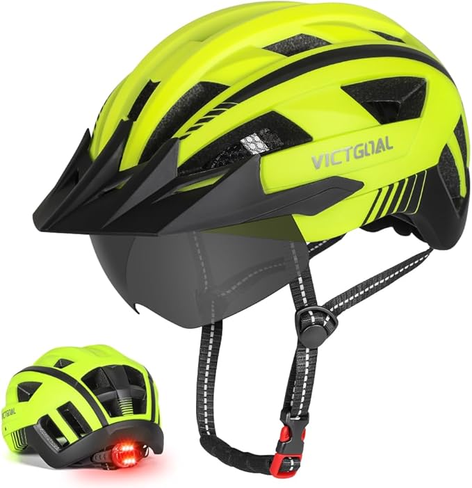 VICTGOAL Bike Helmet for Men Women with Led Light Detachable Magnetic Goggles Removable Sun Visor Mountain & Road Bicycle Helmets Adjustable Size Adult Cycling Helmets