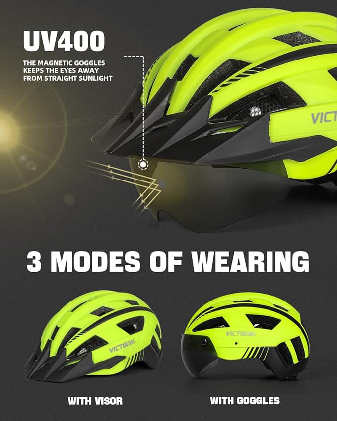 VICTGOAL Bike Helmet for Men Women with Led Light Detachable Magnetic Goggles Removable Sun Visor Mountain & Road Bicycle Helmets Adjustable Size Adult Cycling Helmets