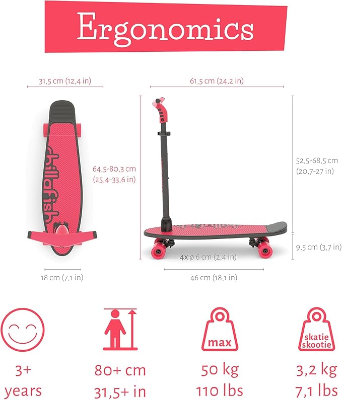 Chillafish Skatieskootie Customizable Training Skateboard and Lean-to-Steer Scooter with Detachable Stability Handlebar, Ages 3+