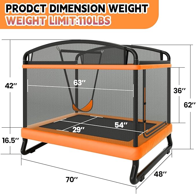 Calmmax 6FT Rectangle Toddler Trampoline with Swing & Horizontal Bar, Enclosure Safety Net, ASTM Approved – Indoor/Outdoor Kids Trampoline