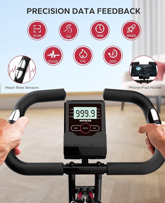 HAPBEAR Folding Exercise Bike Magnetic Foldable Stationary Bike, 3 in 1 Mode Indoor Upright Fitness Workout X-Bike with 8-Level Resistance and Arm Resistance Band, Pulse Sensor,LCD Monitor