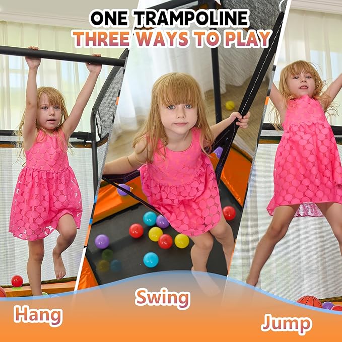 Calmmax 6FT Rectangle Toddler Trampoline with Swing & Horizontal Bar, Enclosure Safety Net, ASTM Approved – Indoor/Outdoor Kids Trampoline