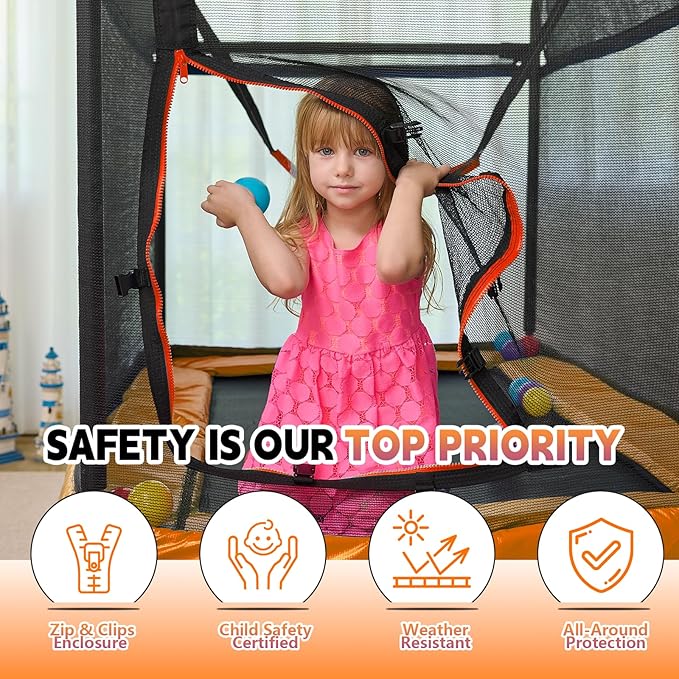 Calmmax 6FT Rectangle Toddler Trampoline with Swing & Horizontal Bar, Enclosure Safety Net, ASTM Approved – Indoor/Outdoor Kids Trampoline